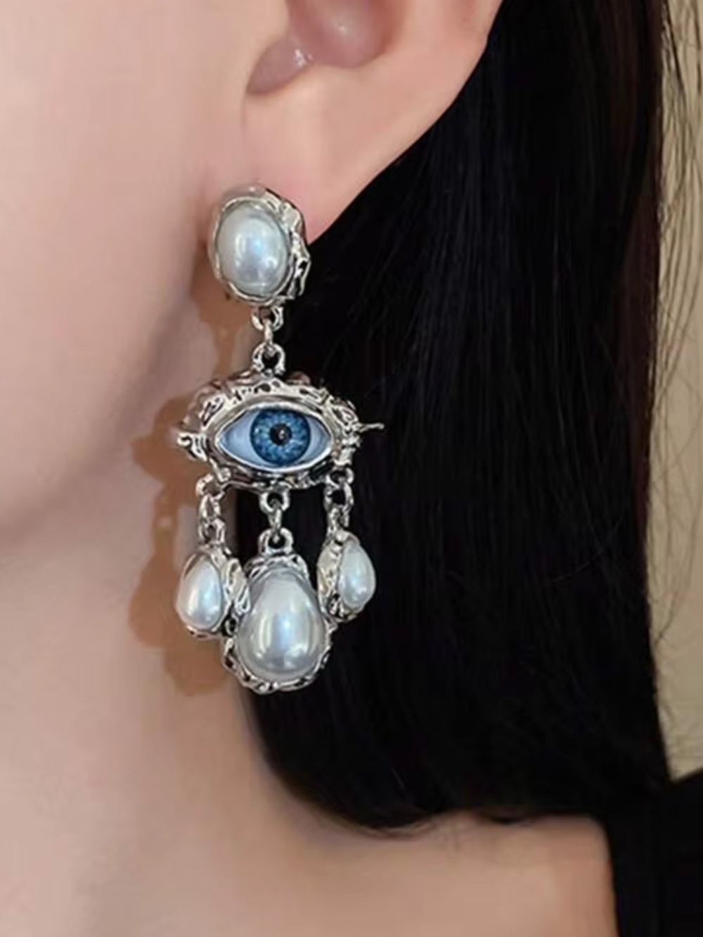 New! Silver Drop Baroque Style Pearls with Blue Evil Eye Chandelier Earrings